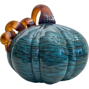 Pier 1 Illuminated Art Glass 7" Fall Pumpkin Blue Black Swirl Curly Stem